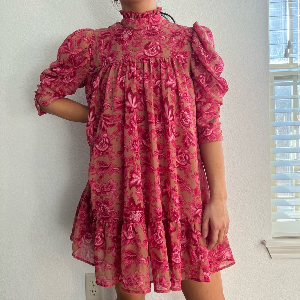 pink floral dress - size 8 - pink orange and tan
